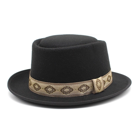 Chapeau Pork Pie En Feutre De Laine Rétro Fedora À Bord Plat Avec Bande Brodée Géométrique Style Britannique