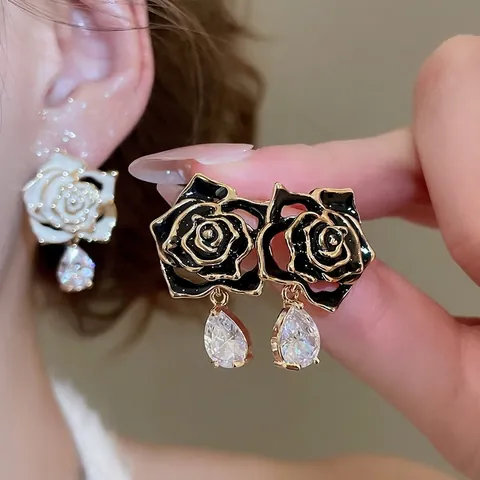Boucles D'oreilles Élégantes En Émail Fleur De Rose Avec Tige En Argent Sterling 925 Pendentif Goutte En Zircon Femmes