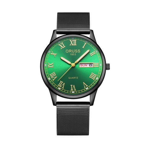 Men Quartz Watch Stainless Steel Mesh Band Dual Calendar Date Day Luminous Waterproof Business Fashion Wristwatch
