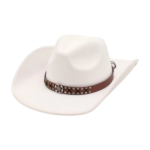 Western Cowboy Hat Wide Brim Cotton Polyester Felt Vintage Leather Band Metal Studs Ethnic Style Unisex
