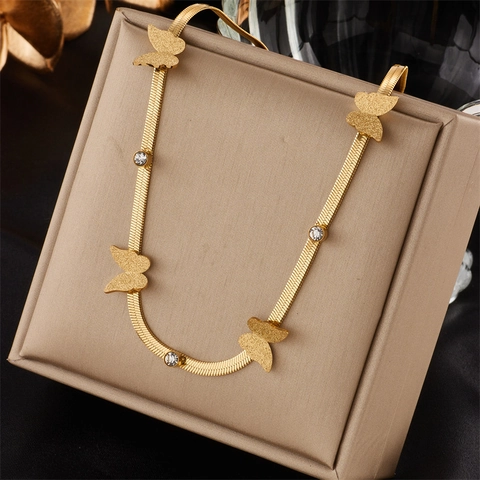 Stainless Steel Pave Rhinestone Pendant Necklace For Women Double Layer Snake Chain Heart Butterfly Lucky Letter Gold Jewelry