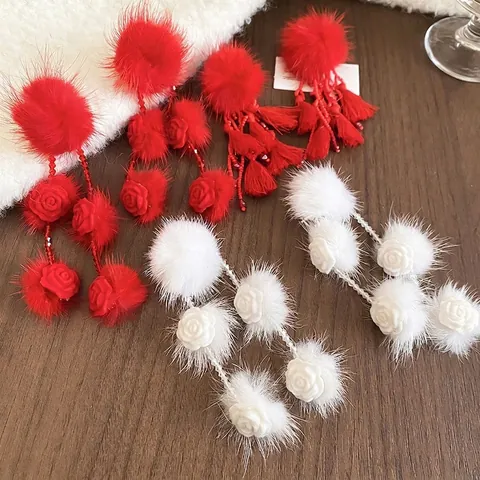 Hairball Rose Flower Tassel Drop Earrings With Silver Earring Post Winter Elegant Festive Jewelry For Women
