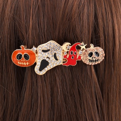 Halloween Hair Clip Alloy Rhinestone Enamel Pumpkin Ghost Skull Bat Skeleton Hand Gothic Spooky Party Headwear For Women
