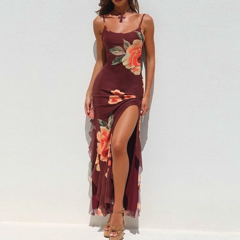 Sexy Damen Maxikleid Mit Blumendruck Netzstoff Spaghettiträger Hoher Schlitz Rückenfrei Bodycon Rüschen Urlaub