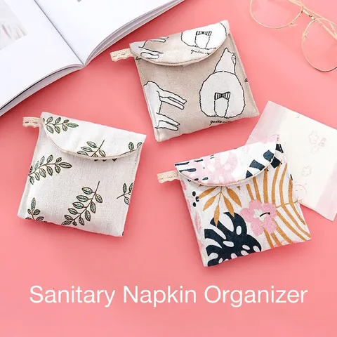 Sanitary Napkin Storage Bag Cotton Linen Menstrual Pad Pouch Portable Small Cosmetic Organizer Cartoon Animal Pattern
