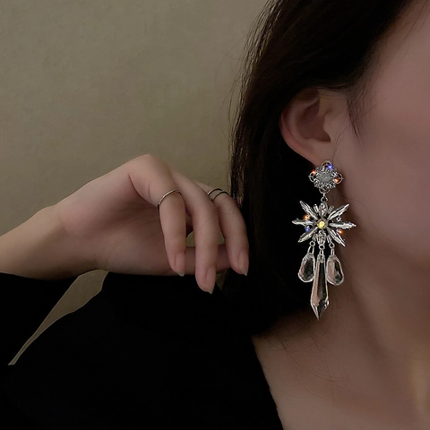 Flower Starburst Dangle Earrings Alloy Rhinestone Crystal With 925 Sterling Silver Earring Post Water Drop Tassel Women