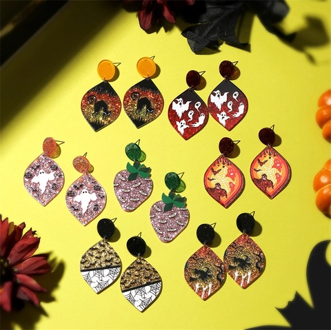 Halloween Christmas Acrylic Glitter Dangle Earrings For Women Cute Ghost Black Cat Wizard Strawberry Eye Festive Jewelry