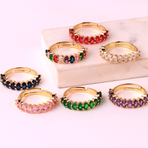 Elegant Women Adjustable Copper Ring With Oval Cut Colorful Zircon Inlaid Real Gold Plated Fashion Jewelry Accessory
