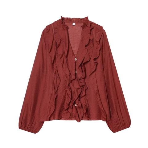 Women Ruffled Long Sleeve V Neck Blouse Elegant Layered Chiffon Casual Pullover Tops