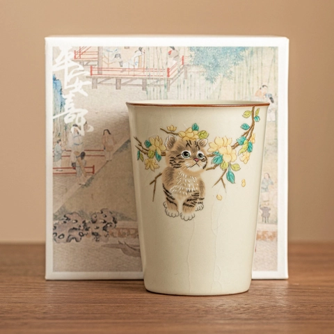 Keramikbecher Ru Kiln Eisprungglasur Handbemalte Katze Hase Blumen Design Retro Chinesischer Stil Trinkgefäß Für Büro