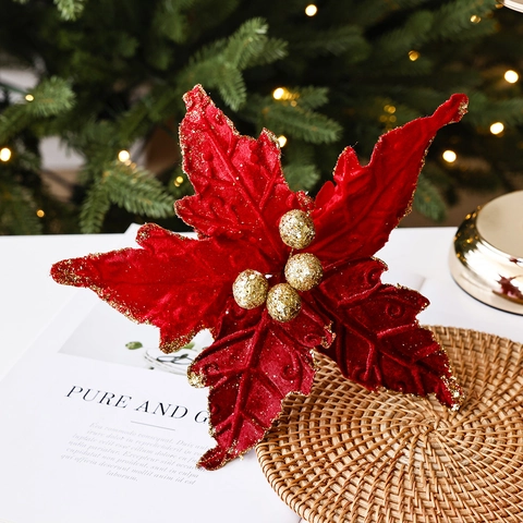 Artificial Christmas Poinsettia Flowers Velvet Flocked Gold Glitter Edges Tree Ornament Festive Holiday Party Decor
