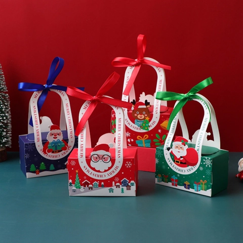 Scatole Regalo Di Natale Sacchetti Di Carta Portatili Con Manico In Nastro Cartone Animato Babbo Natale Renna Festa Di Vacanza Contenitore Per Dolci