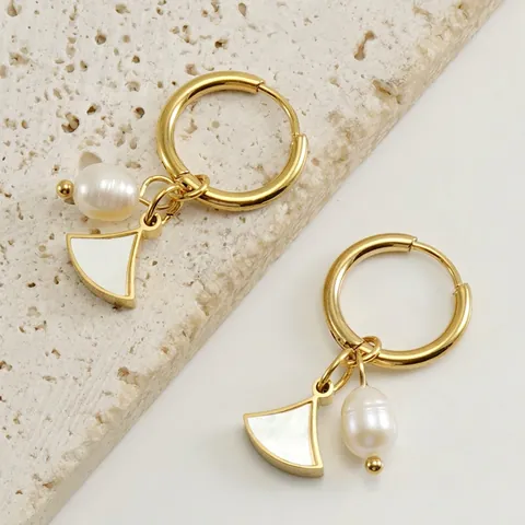 Pendientes De Gota Con Perla Artificial Y Concha En Forma De Abanico Acero De Titanio Chapado En Oro Vintage Francés