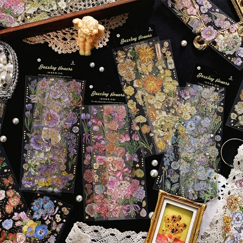 Vintage Floral Butterfly Decorative Stickers Gold Stamping PET Transparent For Scrapbooking Journaling DIY Crafts Retro Elegant