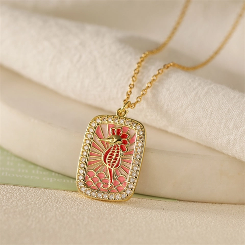 Tarot Card Style Pendant Necklace Copper Colorful Enamel Micro Pave Zircon Seahorse Sun Palm Tree Bohemian Jewelry Women