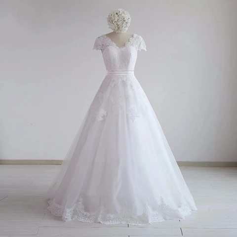 Robe De Mariée Style Français Dentelle Tulle Col En V Manches Courtes Ligne A Longueur Au Sol Pour Femmes Blanc Élégant