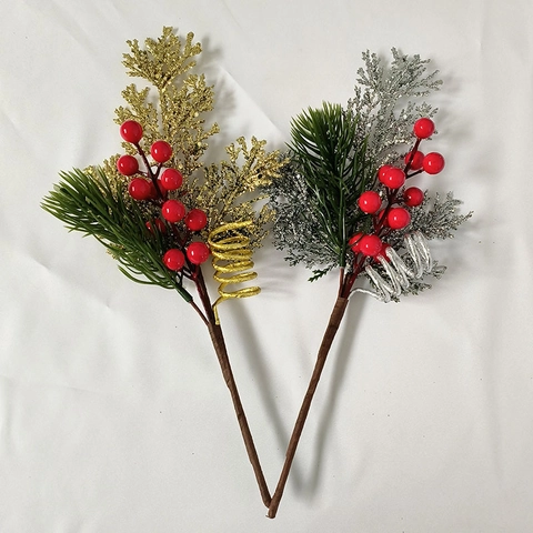 Artificial Christmas Tree Picks With Red Berries Pine Needles And Glitter Leaves For Holiday Party Home Decoration