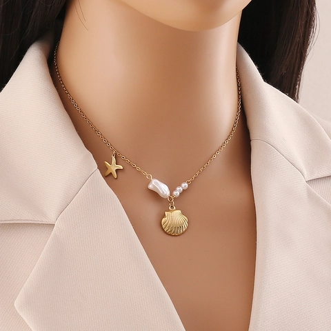 Ocean Theme Stainless Steel Necklace Artificial Pearl Shell Starfish Fishtail Pendant Clavicle Chain Elegant Jewelry For Women