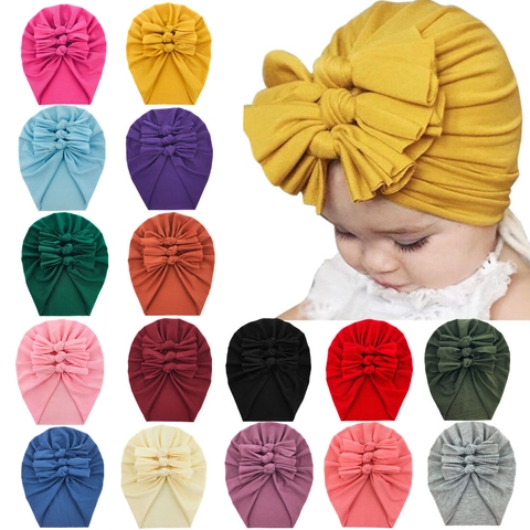 Baby Turban Hat Soft Cotton Knitted Beanie With Large Bow Solid Color Newborn Infant Toddler Headwear Accessories