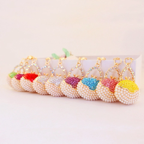 Mini Portachiavi a Forma di Borsa con Strass e Künstliche Perle Pendente per Borsa in Lega di Zinco per Donne Ragazze Gioiello Moda