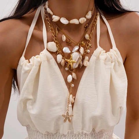 Layered Necklace Alloy Gold Plated With Shell Starfish And Imitation Artificial Pearl Summer Beach Bohemian Style For Women