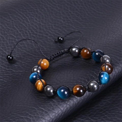 Healing Protection Bracelet With Blue Yellow Tiger Eye Hematite Obsidian Stones Hand Woven Adjustable Jewelry Gift Men Women