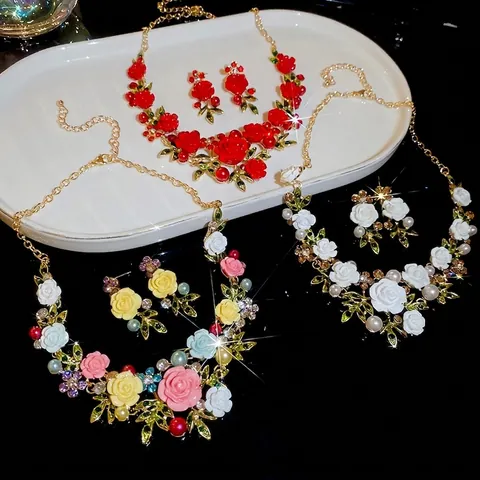 Collana Orecchini Fiori Rosa Strass Resina Foglia Lega Gioielli Con Perla Artificial Argento Perno Orecchini Floreale Vintage Francese