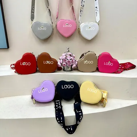 Heart Shaped Crossbody Bag For Women PU Leather Small Shoulder Bag With Wide Letter Print Strap Trendy Solid Color Bag