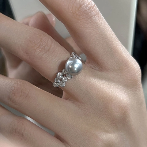 925 Sterling Silver Artificial Pearl Ring Zircon Open Adjustable Vintage Lightweight Luxury Elegant Jewelry For Women