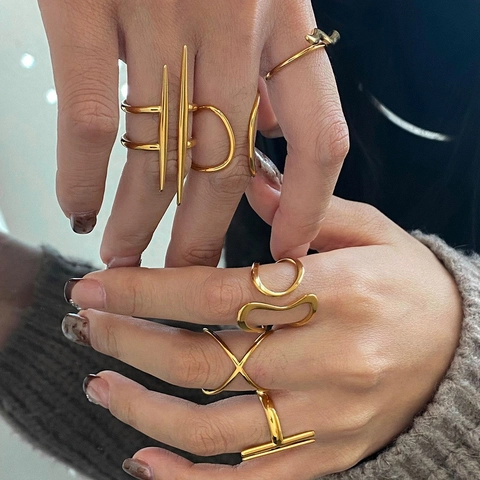 Geometric Stainless Steel Open Rings For Women Irregular Minimalist Adjustable Lines Waterproof Hypoallergenic Fashion Jewelry