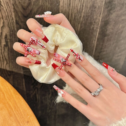 Handmade Sweet Red Cherry Plaid Press On Nails Long Coffin 3D Bow Heart Rhinestone Reusable False Nails Set For Women