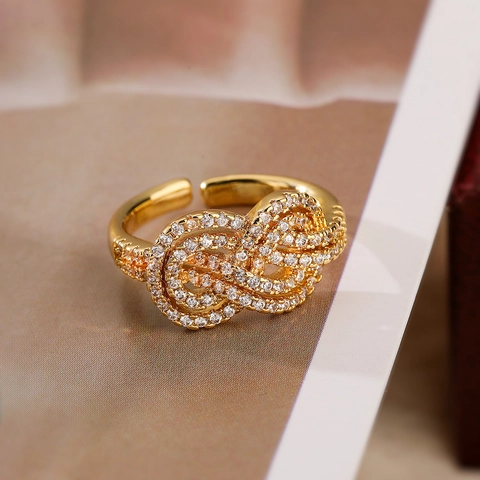 Anello Aperto in Rame con Strass Minimalista per Donna Elegante Nodo Infinito Geometrico Regolabile Placcato Oro Argento Gioielli