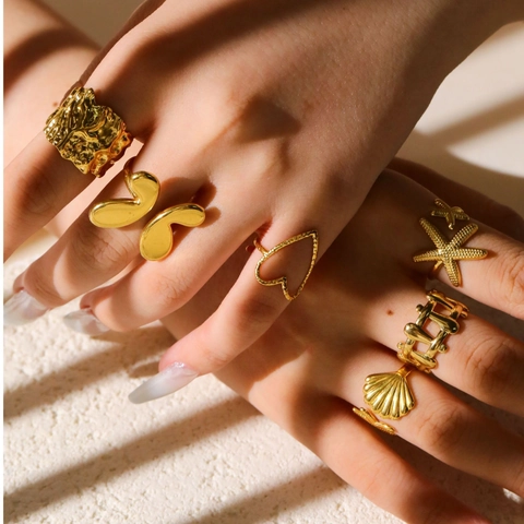 Stainless Steel Rings Gold Plated Adjustable Starfish Seashell Butterfly Heart Lava Textured Retro Fashion Jewelry Women