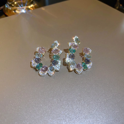 Exaggerated C-Shape Stud Earrings With Multi Color Zircon And Silver Earring Post Retro Light Luxury Jewelry For Women