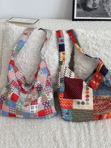 Vintage Etnische Patchwork Shopper Corduroy Grote Capaciteit Schoudertas Crossbody Tas Bohemien Stijl Casual Handtas Dames