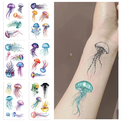 Tatuajes Temporales Medusas Impermeable Colorido Acuarela Pegatinas Desechables Para Niños Fiesta Cumpleaños