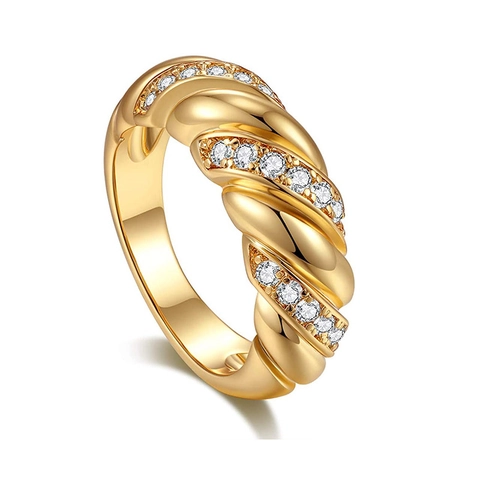 Gedrehter Croissant Ring Vergoldetes Messing Mit Zirkonia Französischer Retro Stil Schmuck Für Damen