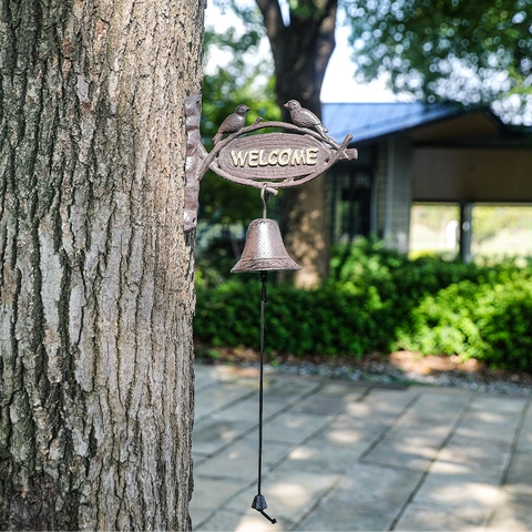 Vintage Cast Iron Welcome Bell With Two Birds Rustic Wall Mounted Decorative Dinner Bell For Garden Porch