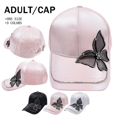 Women Baseball Cap Cotton Satin Fabric Butterfly Rhinestone Decoration Adjustable Fashion Sun Hat Curved Brim