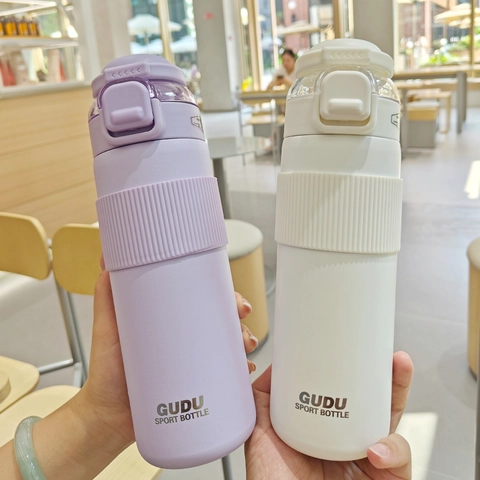 Sport Water Bottle 316 Stainless Steel Vacuum Insulated Dual Drink Lid Anti Slip Silicone Sleeve Leakproof Outdoor