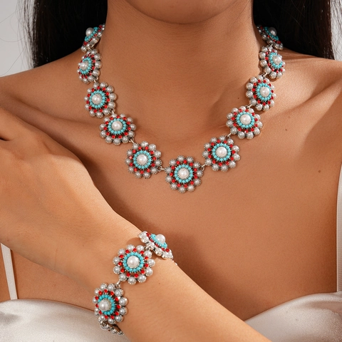 Collana Girocollo Girasole E Bracciale Boemo Etnico Lega Strass Imitazione Perla Artificial Gioielli Floreali Per Donne