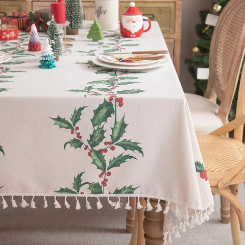 Nappe De Noël Mélange De Coton Polyester Imprimée Rectangulaire Avec Pompons Décoration De Dîner De Fête Style Nordique
