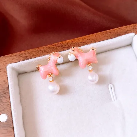 Pink Horse Drop Earrings With White Artificial Pearl And Silver Earring Post 18K Gold Plated Enamel Cute Animal Jewelry For Women