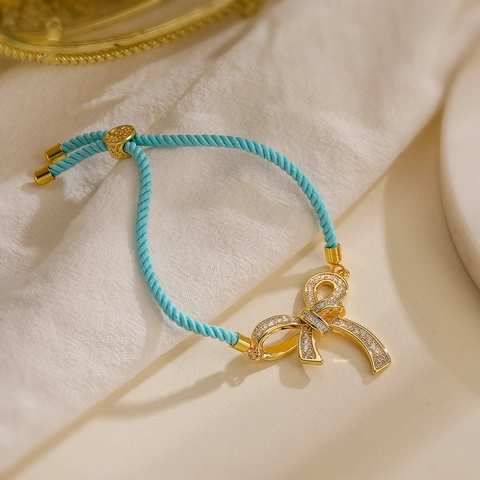 18K Gold Plated Copper Bowknot Charm Bracelet For Women Elegant Sky Blue Woven Rope Adjustable Zirconia Inlaid Fashion Jewelry