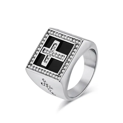 Anello Sigillo Quadrato Da Uomo Acciaio Inossidabile Zircone Croce Gotico Hip Hop Religioso Retro Punk Gioielli