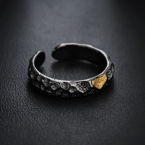 Open Adjustable Ring Retro Industrial Black Alloy Hammered Lava Texture With Gold Inlay Jewelry For Men Women