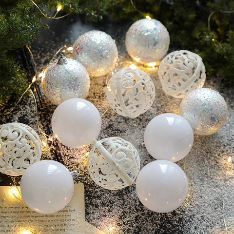 White Iridescent Christmas Ball Ornaments Plastic Shatterproof Hollow Glitter Decorative Hanging Baubles For Holiday Tree