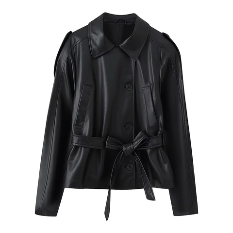 Chaqueta De Cuero Sintético Para Mujer Gabardina Corta Manga Larga Solapa Cinturón Botones Moda Color Sólido