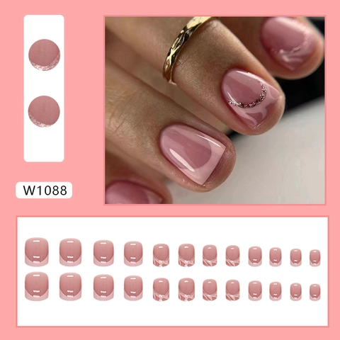 Unghie Finte Corte Francesi Press On Rosa Glitter Linea Ondulata Unghie Artificiali Stile Dolce Ins Per Donne