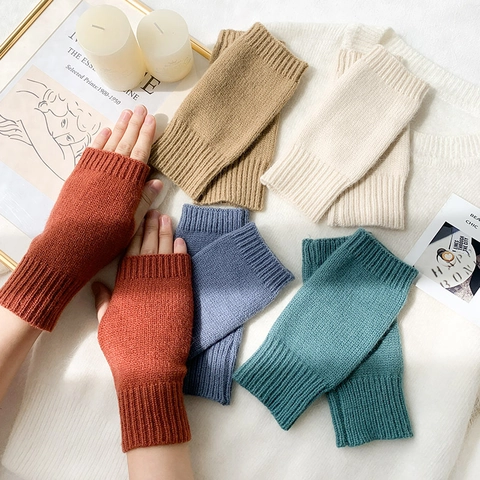 Women Knitted Fingerless Gloves Acrylic Warm Winter Ribbed Half Finger Mittens Typing Writing Solid Color